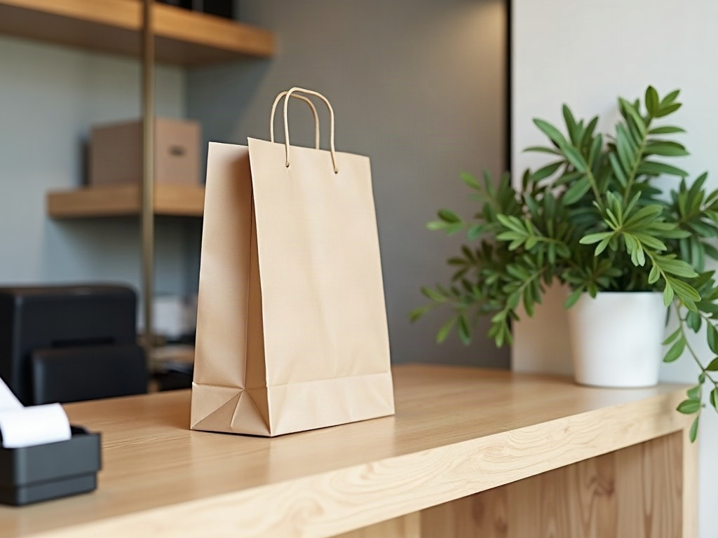 The pickup end of the counter: a plain kraft paper bag with twisted handles standing on the light wood top, a receipt printer with a curl of paper beside it and a potted plant at the far end